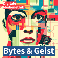 Logo des Podcasts Bytes & Geist: grafische Darstellung eines Frauengesichts mit ernstem Gesichtsausdruck, das sich aus unterschiedlichen, bunten Fragmenten zusammensetzt.